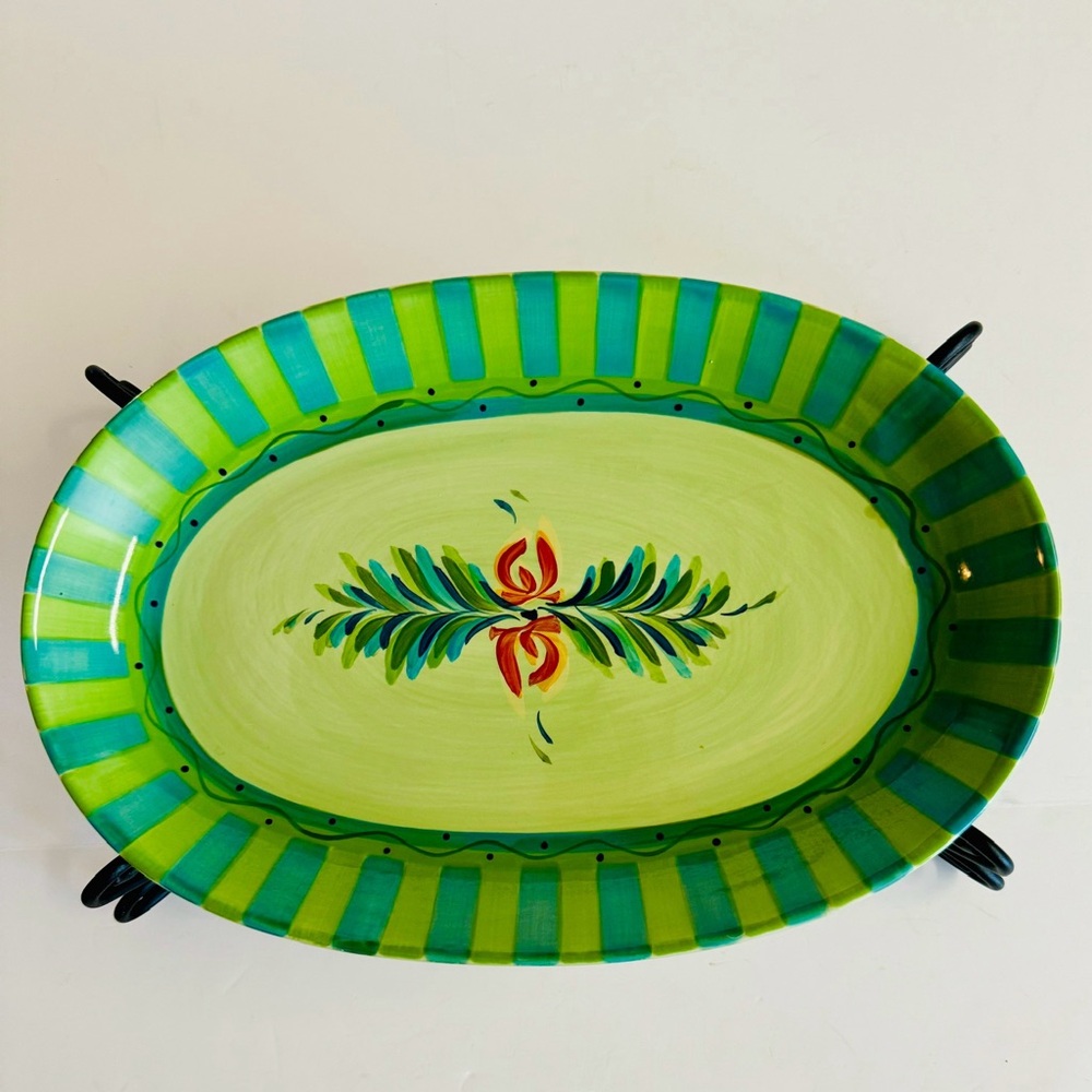 2PC.Vintage Gail Pittman Green+ Blue Provence large serving tray and iron stand.